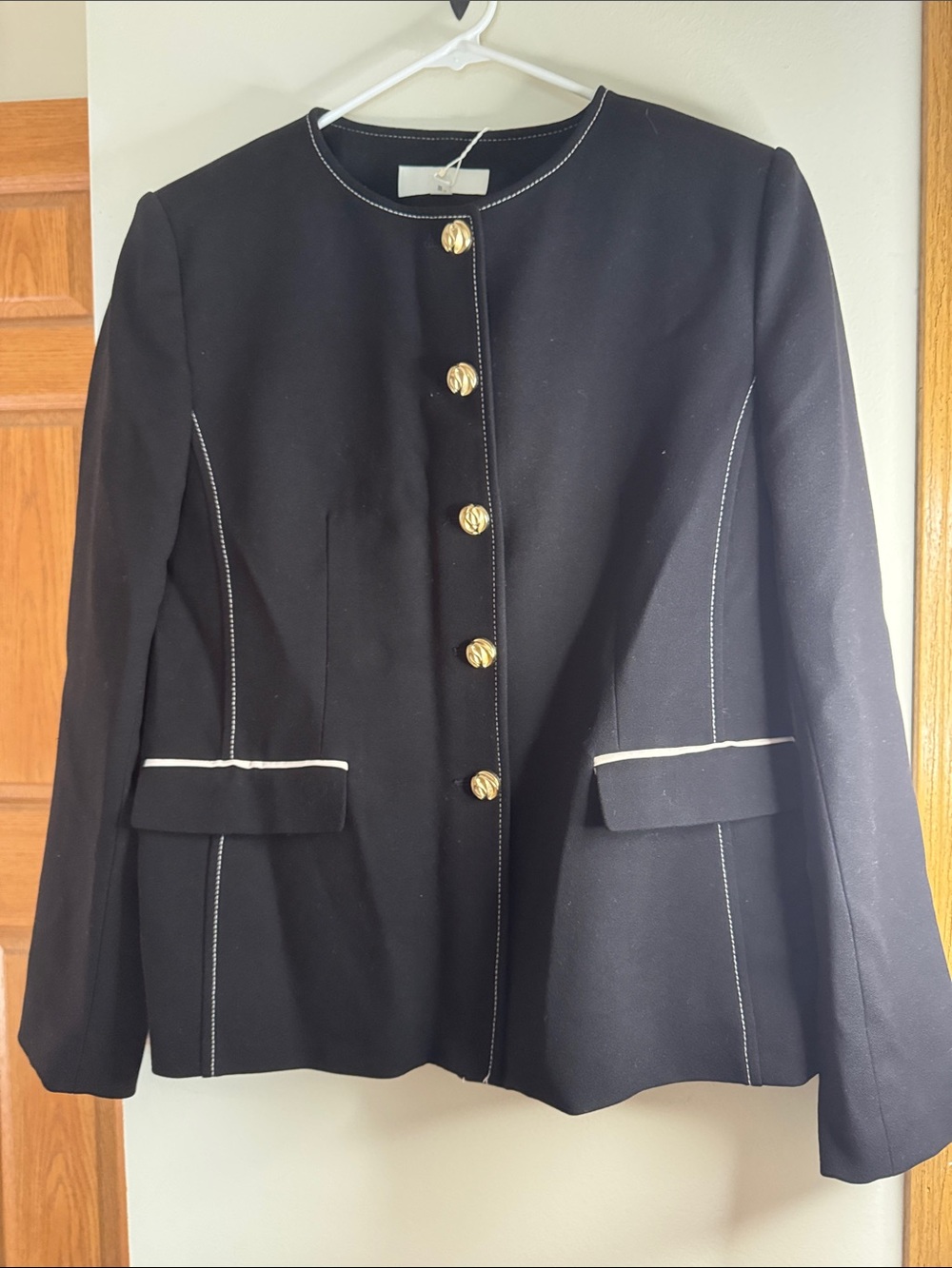 Zara Black Blazer with Gold Buttons and White Piping